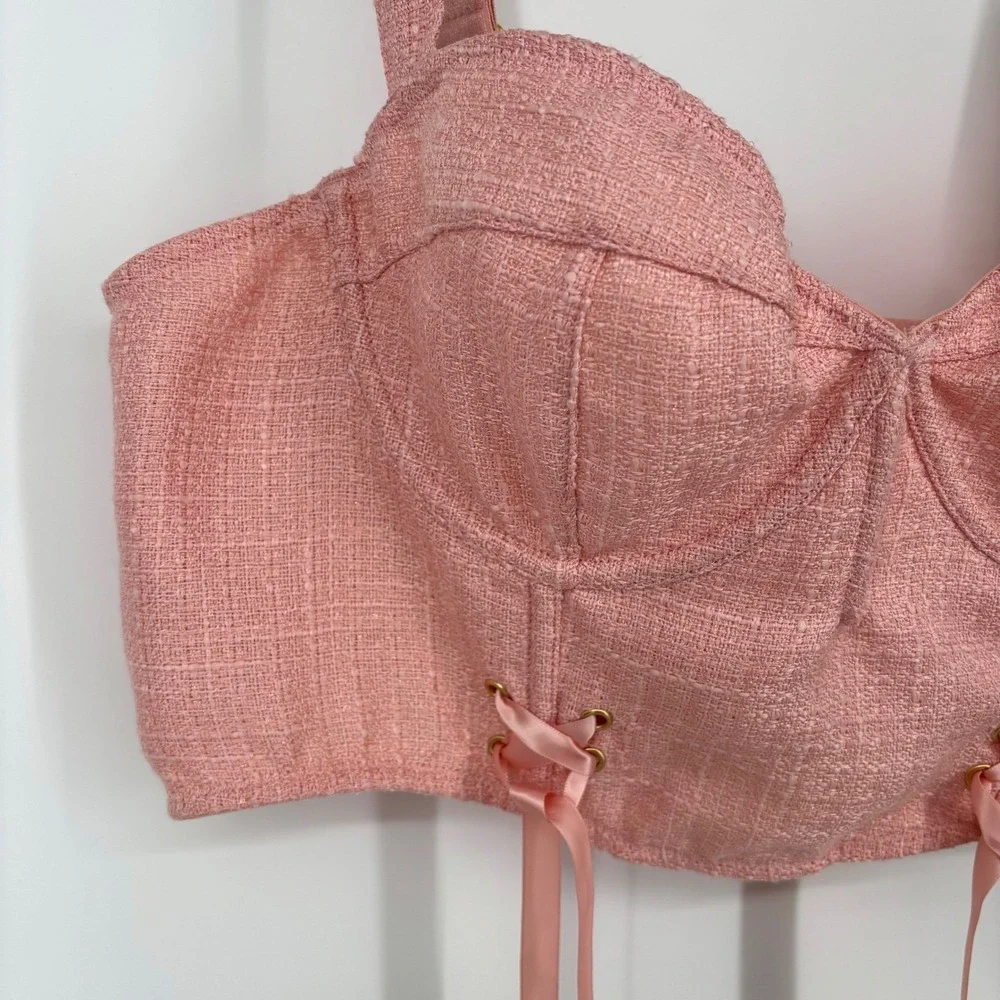 Anthropologie Tweed Corset Bustier Top Sz XL Pink Ribbons Feminine Sexy Romantic - Picture 8 of 14
